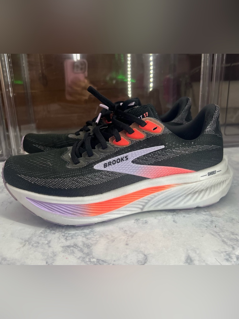 Brooks woman Black Sneakers with Coral & Lavender Accents